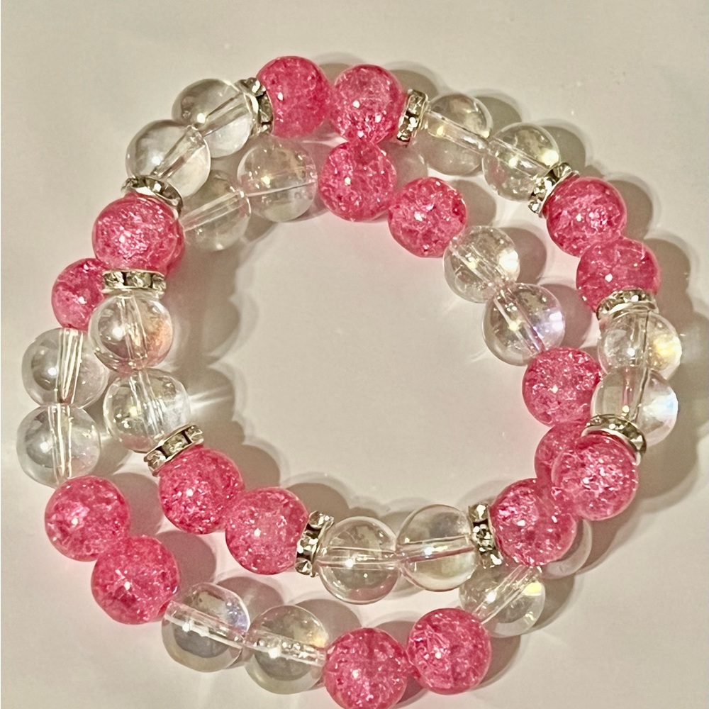 Sold Elegant Pink and iridescent Silver Beaded Bracelet